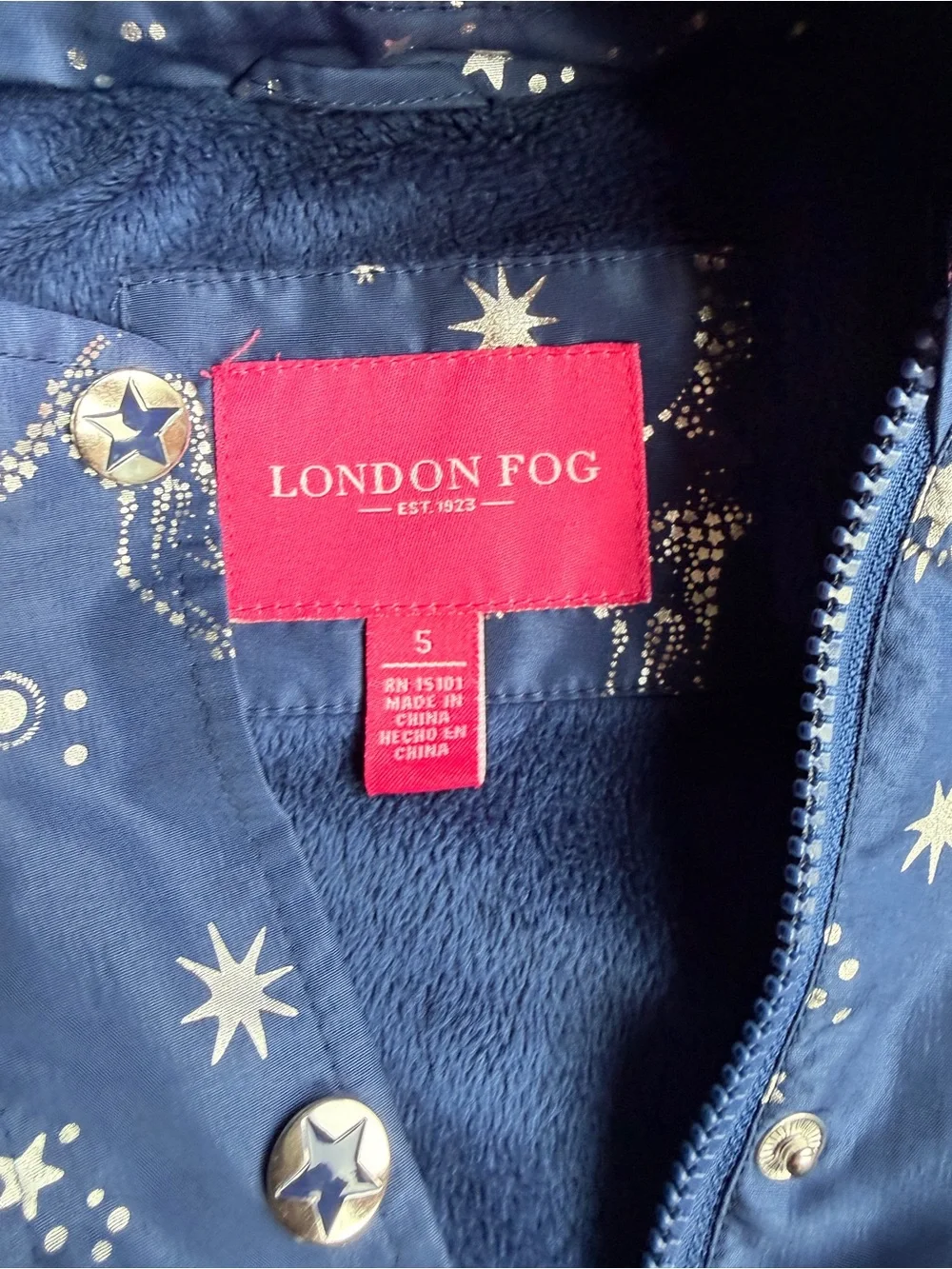 London Fog Navy Girls Hooded Puffer Jacket with Starry Print